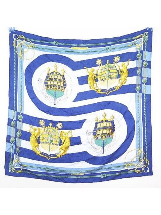 Hermes Carre 90 Chateaux D'arriere Silk Scarf Blue
